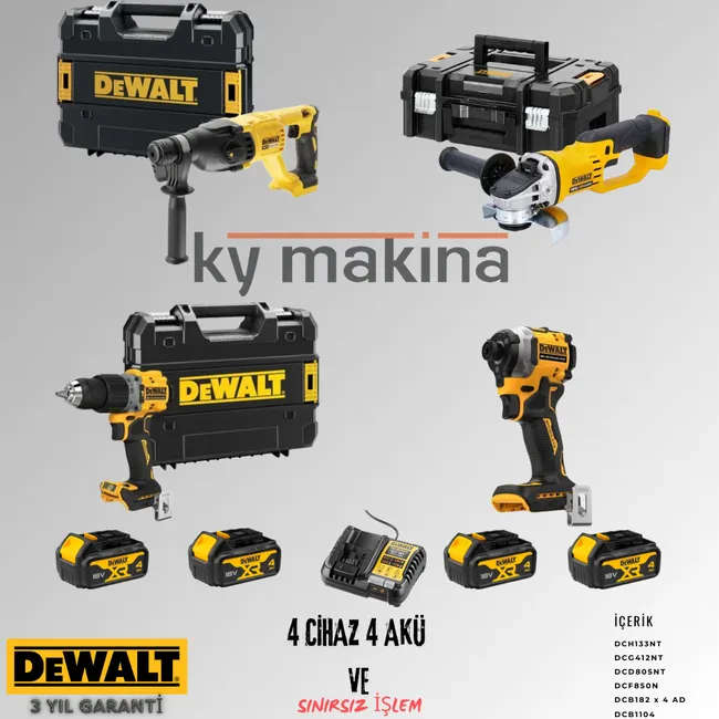 DEWALT 4 LÜ SET DCH133 + DCF850 + DCG412 + DCD805 + 4 ADET 4 AMPER AKÜ + SARJ ALETİ