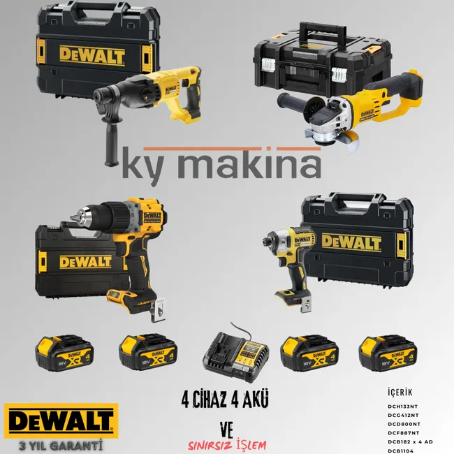 DEWALT 4'LÜ SET DCH133 + DCF887 + DCG412 + DCD800 + 4 ADET 4 AMPER AKÜ + SARJ ALETİ