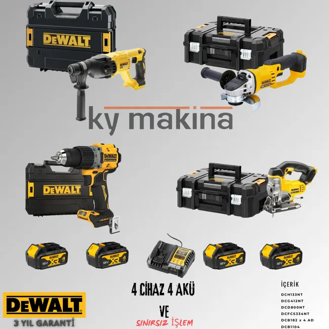 DEWALT 4'LÜ SET DCH133 + DCS334 + DCG412 + DCD800 + 4 ADET 4 AMPER AKÜ + SARJ ALETİ