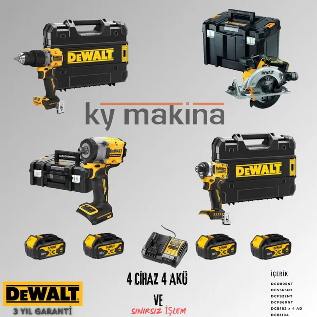 DEWALT 4'LÜ SET DCD805 + DCS565 + DCF922 + DCF860 + 4 ADET 4 AMPER AKÜ + SARJ ALETİ