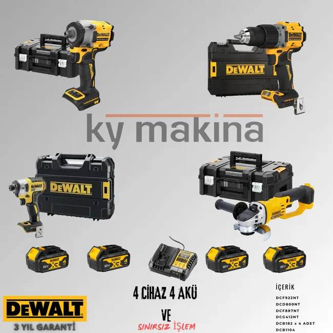 DEWALT 4'LÜ SET DCF922 + DCD800 + DCF887 + DCG412 + 4 ADET 4 AMPER AKÜ + SARJ ALETİ