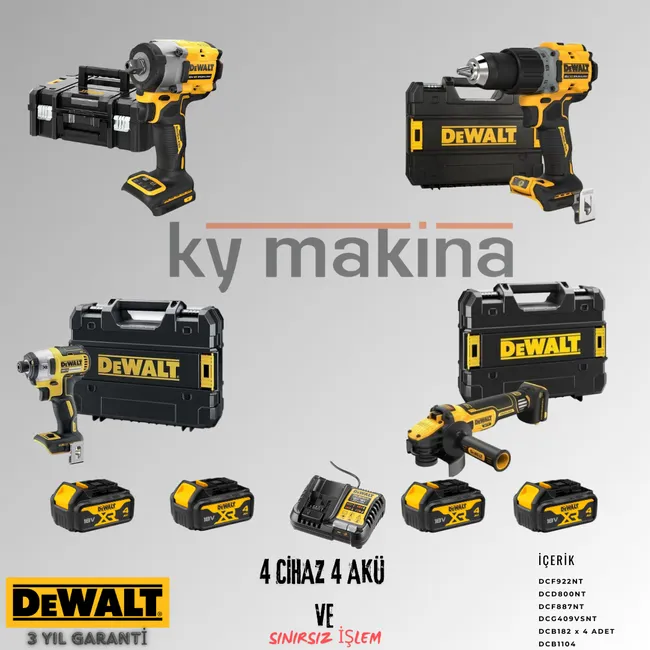 DEWALT 4'LÜ SET DCF922 + DCD800 + DCF887 + DCG409 + 4 ADET 4 AMPER AKÜ + SARJ ALETİ